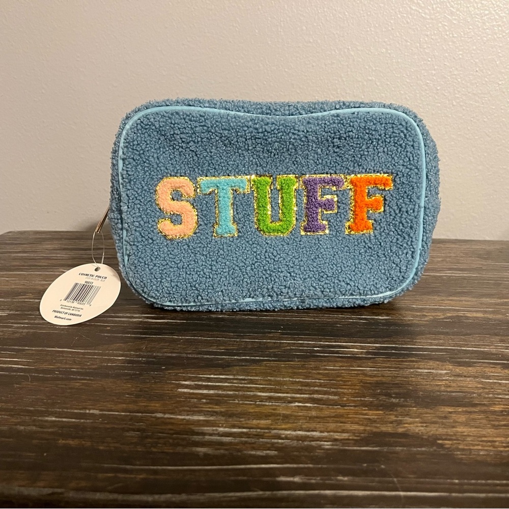 Blue Fuzzy Pouch with Colorful 'STUFF' Embroidery